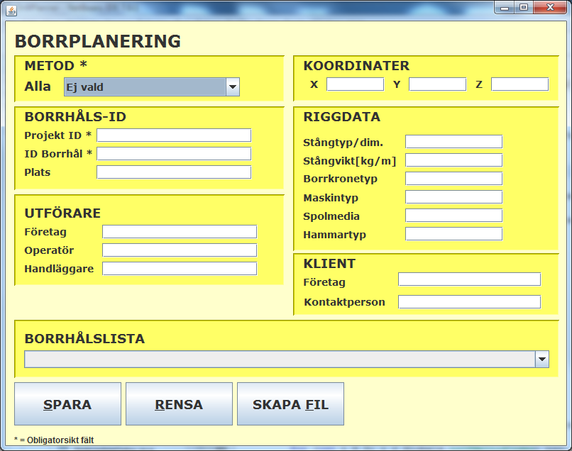 Appendix-1: Borrplaneraren För att skapa en borrplan matar man in uppgifter i de fält som man vill använda i dialogen ovan.