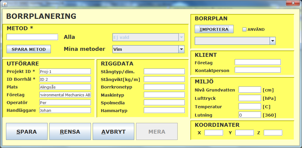 Huvudfönstret 1 1 I detta läge finns det bara en knapp som är användbar och det är den gröna knappen. När du trycker på den trycker du på NY-knappen för att skapa en ny sondering.