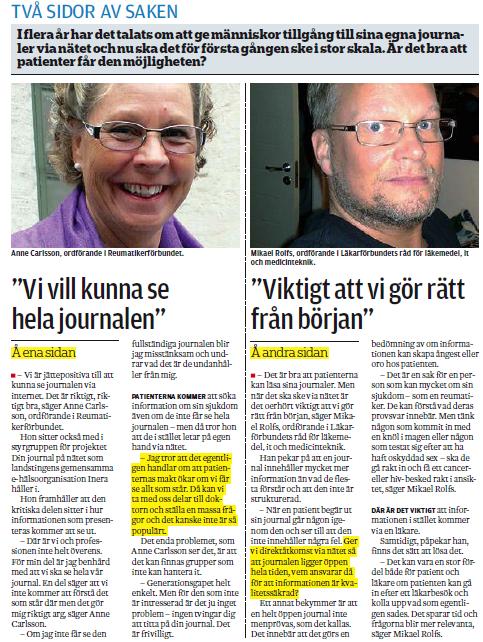 Övriga nyheter som Carlsson uttalar sig om rör bland annat sjukdomen artros, klinisk forskning, sjukersättning för reumatiker samt om att hon mottog pris för mest aktive talare i Almedalen.