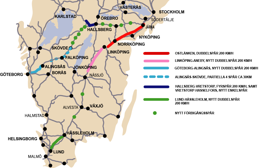 Längs Västra stambanan föreslås utbyggnad av nytt dubbelspår Göteborg Alingsås Falköping.