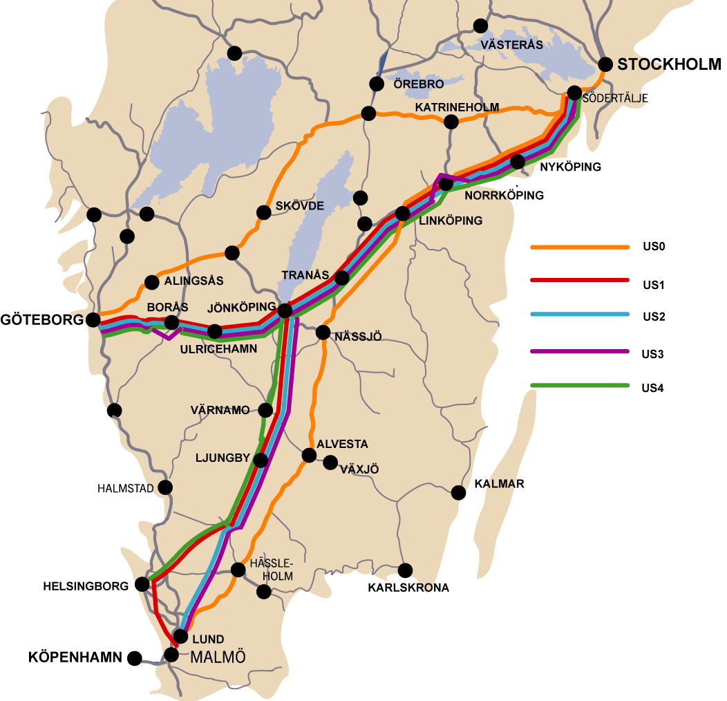 andra delar med syftet att åstadkomma ökad kapacitet och kortare restider mellan Stockholm och Göteborg samt Stockholm och Malmö.