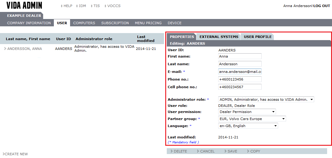 4.5 Lägg till användare Användarnamnet och lösenordet som skapats i IDM används för att logga in på VIDA. Användaren måste vara upplagd i båda systemen för att kunna logga in.