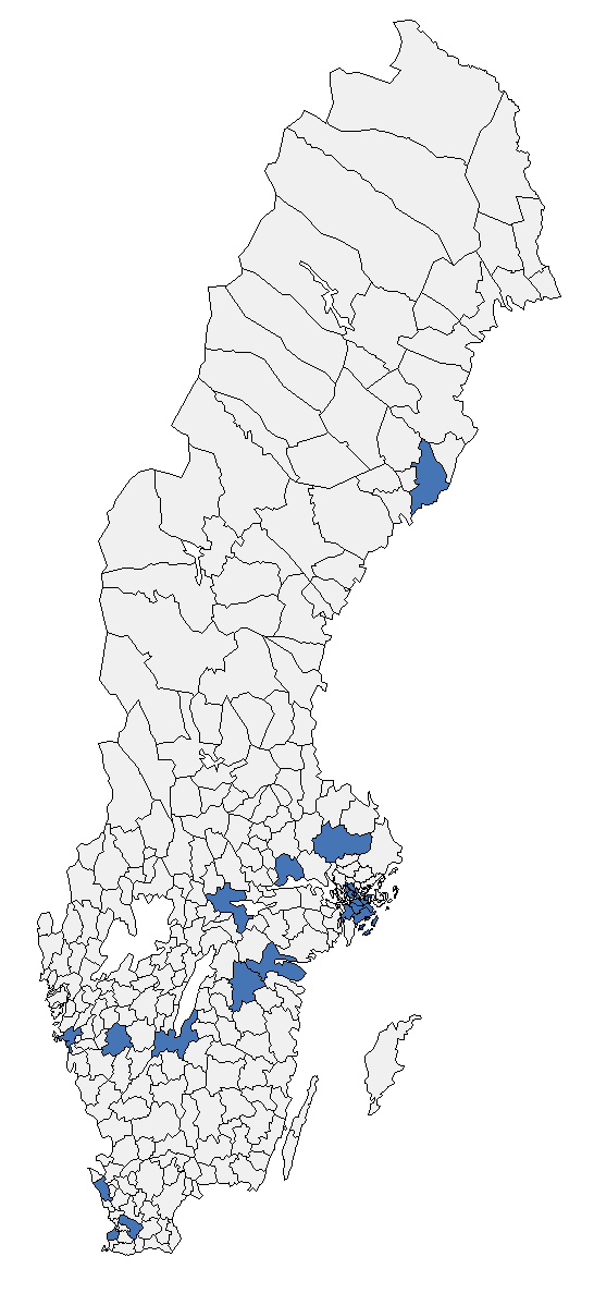 Storstäder 24 kommuner Kommun Järfälla Huddinge Botkyrka Haninge Tyresö Danderyd Sollentuna Stockholm Nacka Sundbyberg Solna Göteborg Malmö Uppsala Västerås Örebro Linköping Helsingborg Jönköping