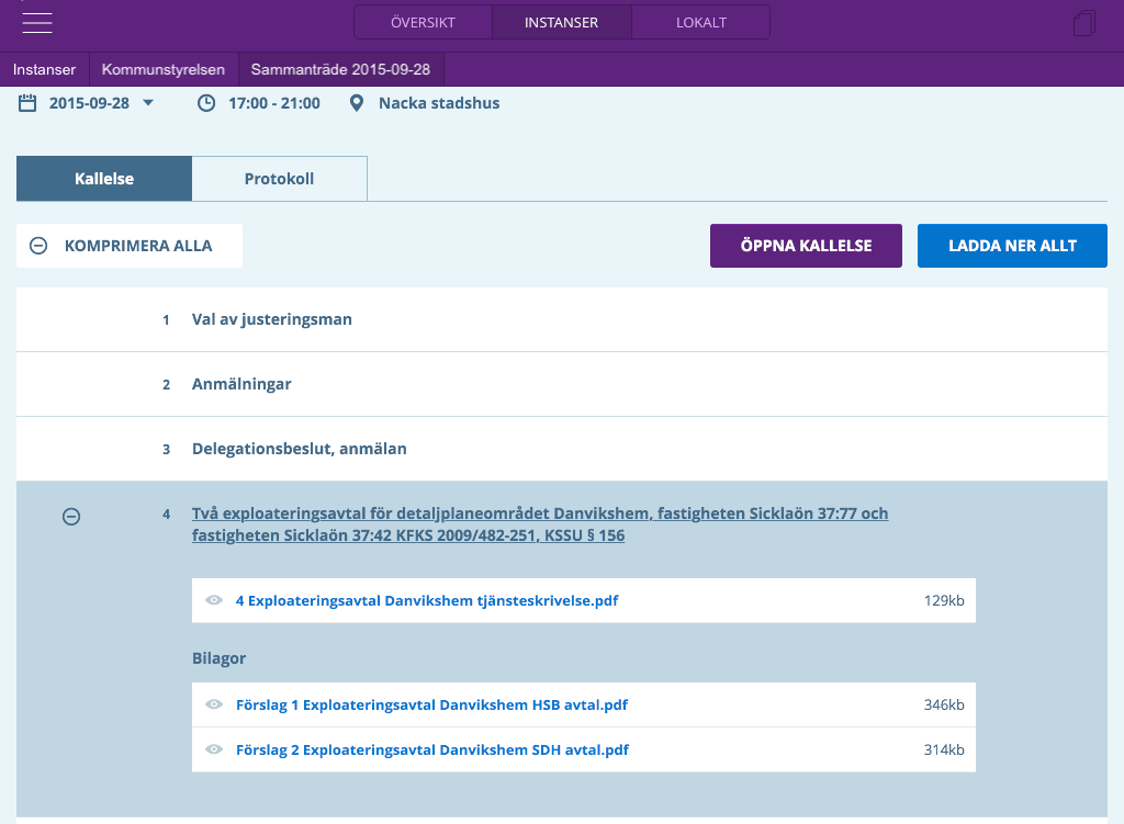 3.5.2 Ladda ned möte lokalt Det är möjligt att ladda ned ett möte med alla dess tillhörande mötesdokument för respektive flik (Kallelse och Protokoll) för att kunna fortsätta arbeta lokalt då man