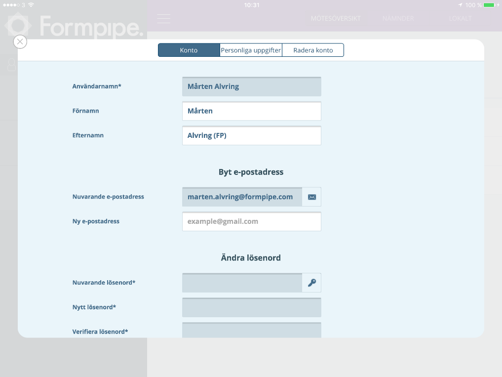 4.1.2.1 Byta lösenord Byta lösenord är inte möjligt som mötesdeltagare utan måste göras av en mötesadministratör i verksamhetssystemet (ECM). 4.1.2.2 Lägga till och byta e-postadress Lägga till och byta e-postadress görs i vyn Kontoinställningar: 1.