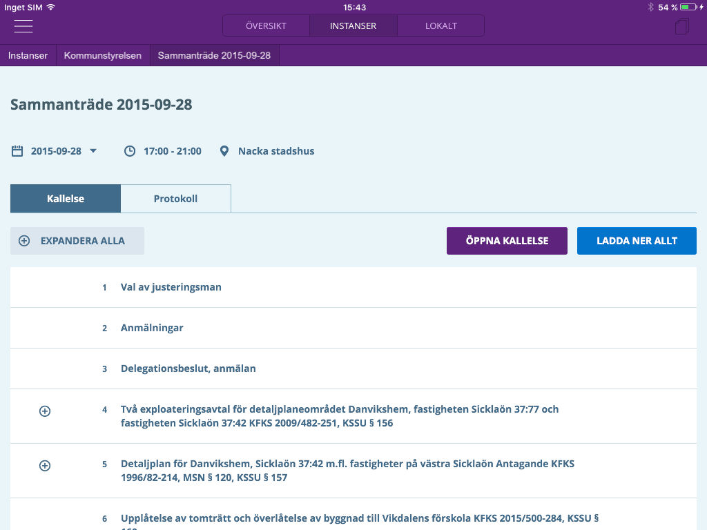 Metadata för sammanträdet, såsom sammanträdets namn, datum, klockslag och plats [1]. Två flikar; Kallelse och Protokoll [2].