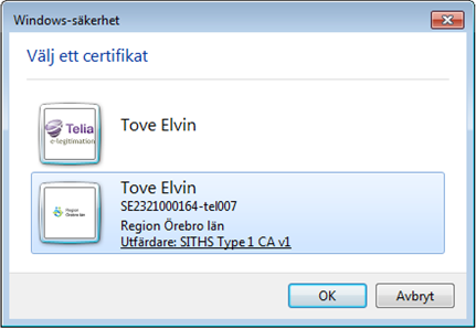 När du får upp rutan nedan markerar du alternativet där SITSH står som utfärdare. Klicka på OK.