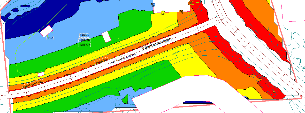 Gult fält visar nivåer mellan 70-75 dba, grönt fält visar nivåer mellan 65-70 dba och ljusblått fält visar nivåer mellan 60-65 dba.