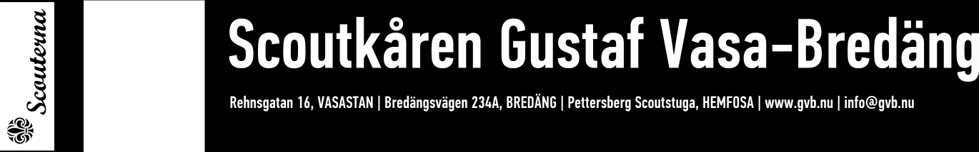 Verksamhetsberättelse 1 juni 2015 31 maj 2016 Scoutkåren Gustaf Vasa Bredäng Av Scouterna Grundad 1924 ombildad 1969 Organisationsnummer 802008-5133 Plusgiro 15 19 84-2 http://www.gvb.