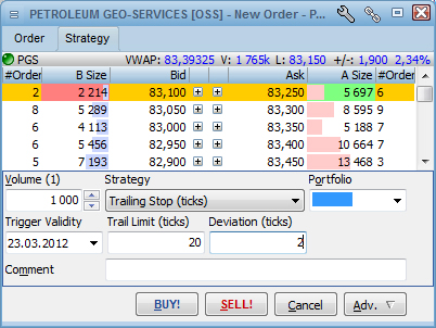 ORDERLÄGGNING OT OCH PT * TRAILING STOP-LOSS TICKS Trail limit (ticks): Värden läggs in från 1 och uppåt. 1 = värdet på tickersize för aktien.