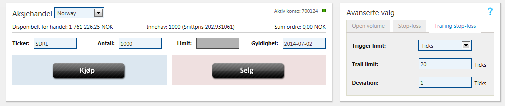 ORDERLÄGGNING ONLINE TRAILING STOP-LOSS TICKS Trail limit (ticks): Värden läggs in från 1 och uppåt. 1 = värdet på tickersize för aktien.