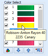 Redigera färger Trådfärger 4 Färgarbetsbladet i Design Panel visar i vilken ordning trådfärgerna används. En grupp stygn med en särskild trådfärg kallas ett färgblock.