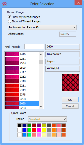 Ändra en befintlig trådfärg Dialogrutan Color Selection (färgval) öppnas när du dubbelklickar på en trådfärg i färgarbetsbladet.