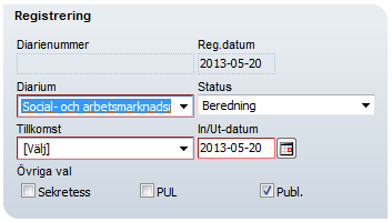 4(23) Diarienummer sätts automatiskt av systemet när registrering slutförts, genom att du klickar på Verkställ eller OK. Reg.datum kan inte ändras, det är det datum då handling registreras i systemet.