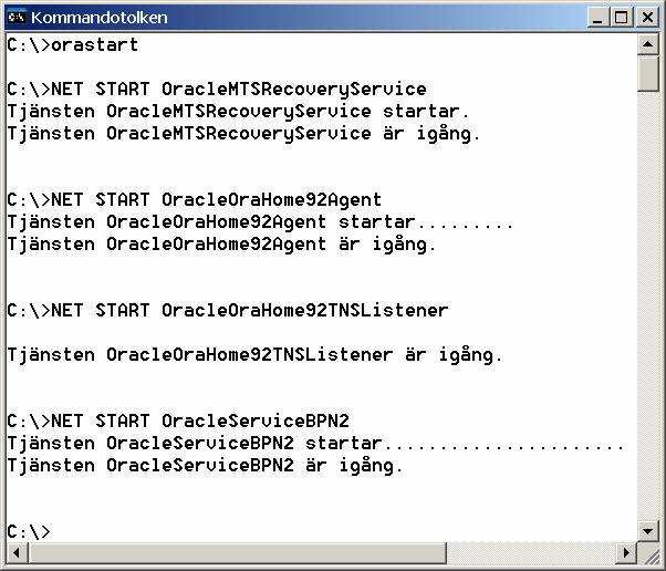 För att starta Oracle så skriver du ORASTART i kommandotolken (eller i Kör, och bör få ett resultat liknande det i bilden nedan) och för