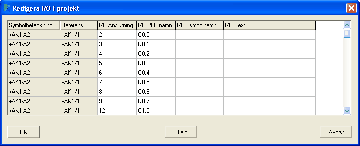 Skapa kretsschema 5.38 Hantera projektets I/O Alla I/O-punkter kan enkelt nås genom att öppna ett fönster med alla projektets I/O kopplade till PLC-huvudsymboler.