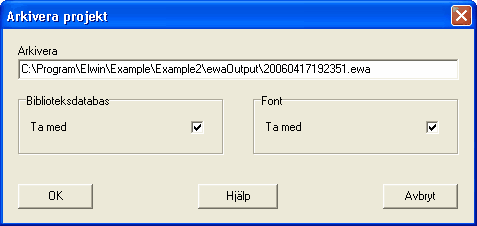 22 3.2 Elwin användarehandbok Arkivera Funktionen Arkivera samlar ihopa alla projektfiler till en arkivfil. Man kan dessutom välja om man vill att använd biblioteksdatabas och font ska ingå i filen.