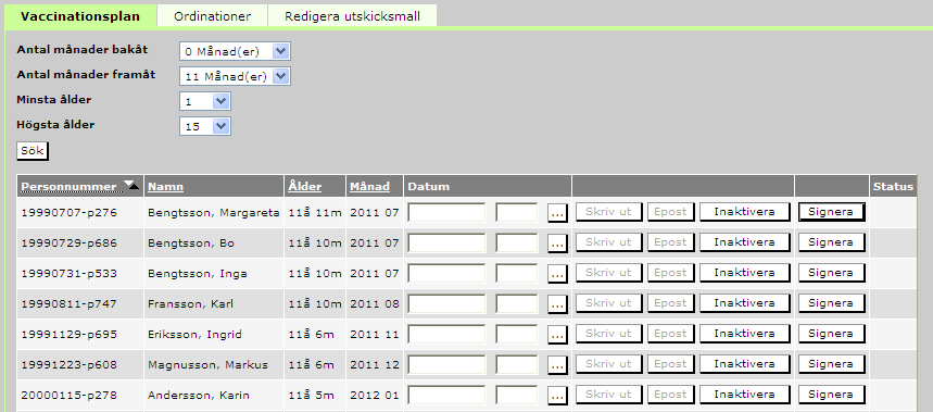 Listan kan sorteras på Personnummer, Namn, Ålder eller Månad (planerad år-mån). Klicka på rubriken för att sortera önskad kolumn.