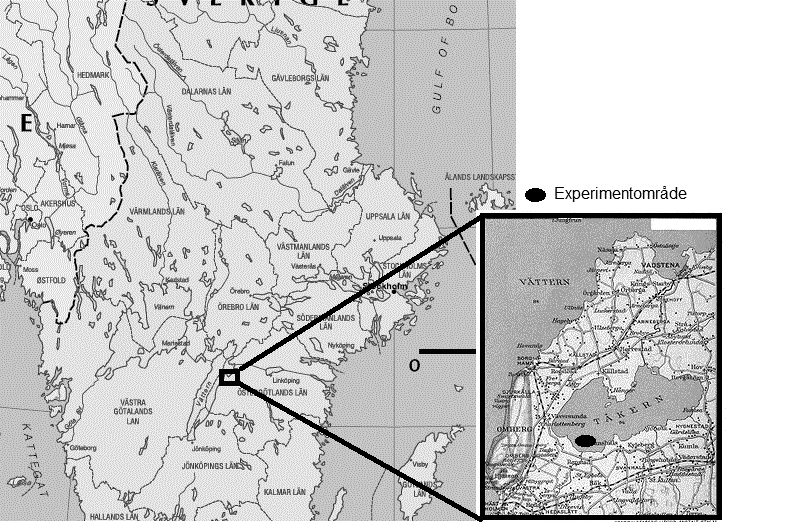 Figur 1. Mellersta Sverige (stora bilden) med infälld karta över Tåkern med närområde. Experimentplats markerad på den mindre kartan. 3.