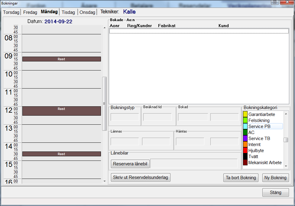 Knappen Sök bokbar tid innebär att programmet visar nästa lediga beräknade tid oavsett mekaniker. Ex. Skall boka ett jobb som tar Ca ½-timme.