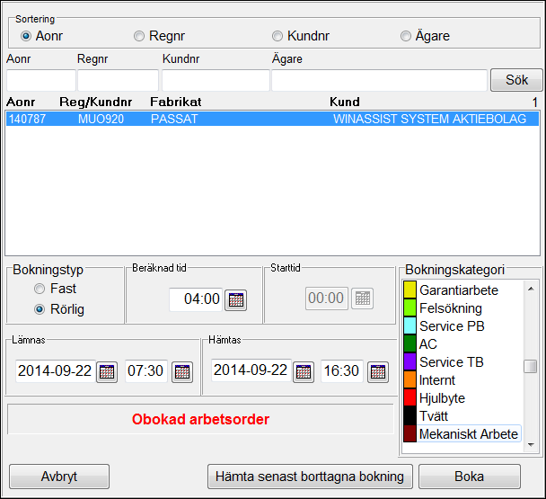 Jag kan inte boka arbetsordern. Programmet svarar Gick ej att boka. Tiden för bokningen ryms inte inom mekanikerns arbetsschema. Varje dag avser en viss tidresurs.