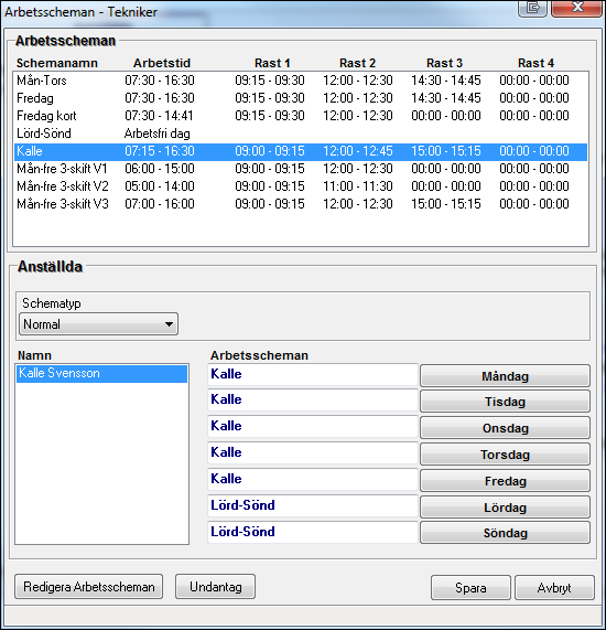 Koppla anställd med arbetsschema 1. Nu ska vi koppla ihop Kalle med hans schematyp Normal och arbetstider.