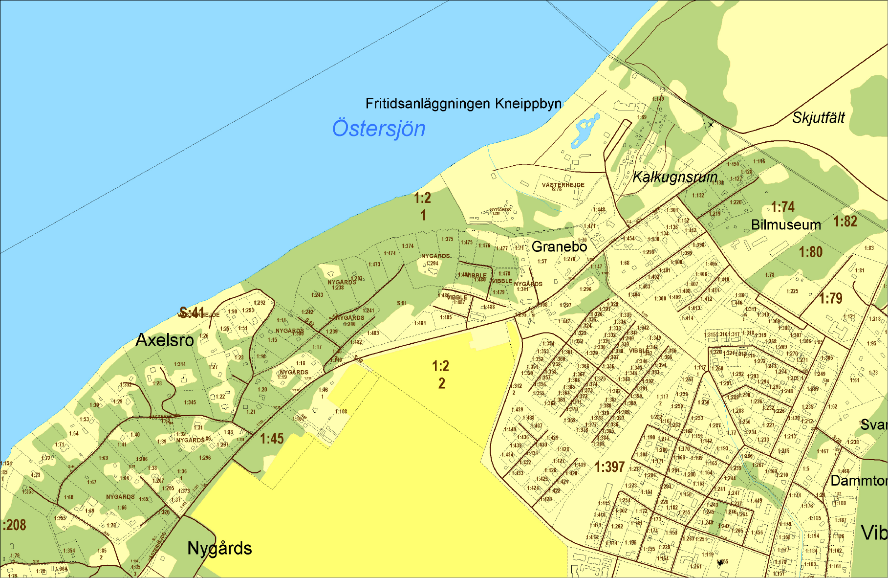 Markägoförhållanden Planområdet omfattar del av fastigheten Västerhejde Vibble 1:2 samt fastigheterna Västerhejde Vibble 1:57, 1:69, 1:70 och 1:149 som ägs av Fritidsanläggningar Kneippbyn AB.