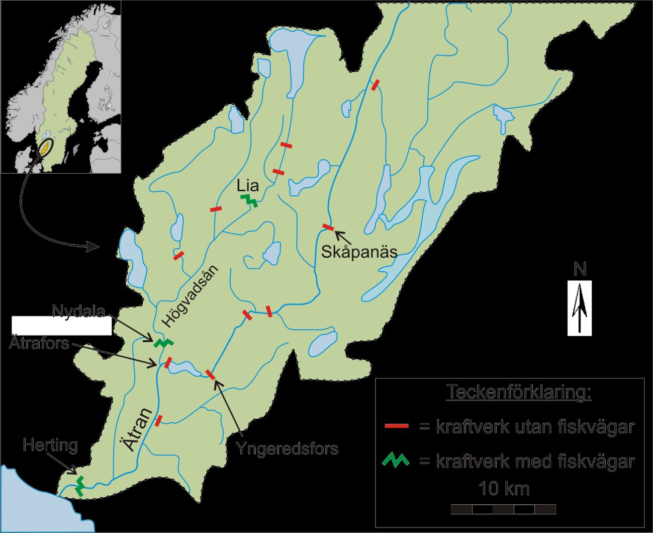 Figur 1. Ätrans avrinningsområde i Sverige och kraftverk med respektive utan fiskvägar i de nedre delarna av avrinningsområdet.