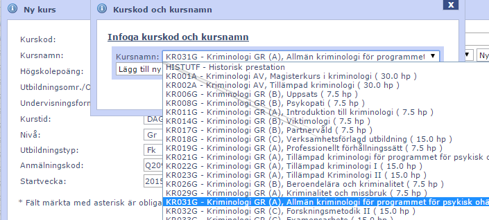 Vi startar med kursnamn och kurskod.