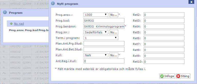 Sök fram och välj önskat program. Programkod och ansvarig avdelning kommer att väljas fram automatiskt.