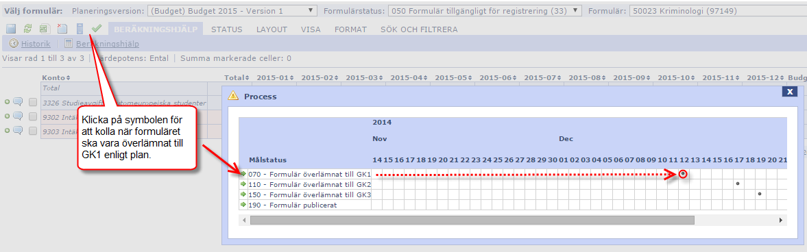 12. Kontrollera formulärstatus och planerade färdigdatum Alla planeringsversioner är kopplade till en planeringsprocess med olika faser.