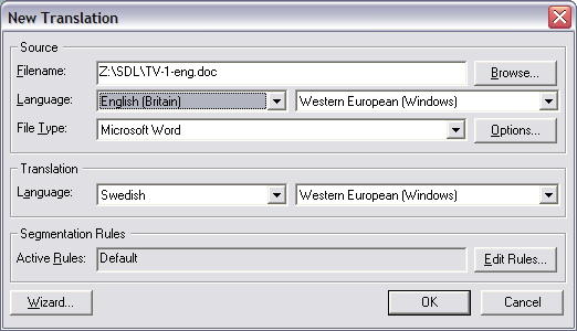 Målspråket sätts till Swedish (se nedan). 3. Klicka på OK. 4. Skapa sedan ett nytt översättningsminne genom att välja New på menyn Translation Memory.
