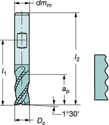 RÄSNIN CoroMill Plura Pinnfräs för grovbearbetning Centrumskärande Kordell Hårdhet <28HRC ROT - SW Spiralvinkel: -30,-40 Toleranser: D c : h12 dm m : h6 Metriskt utförande l 1 = programmeringslängd