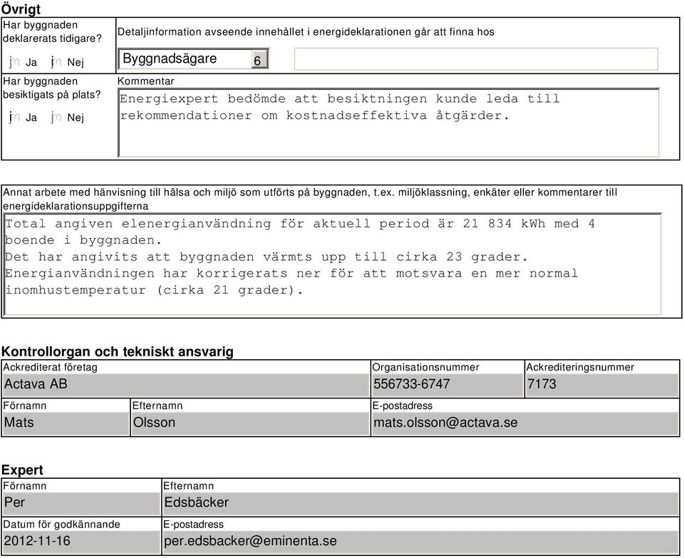 åtgärder. Annat arbete med hänvisning till hälsa och miljö som utförts på byggnaden, t.ex.
