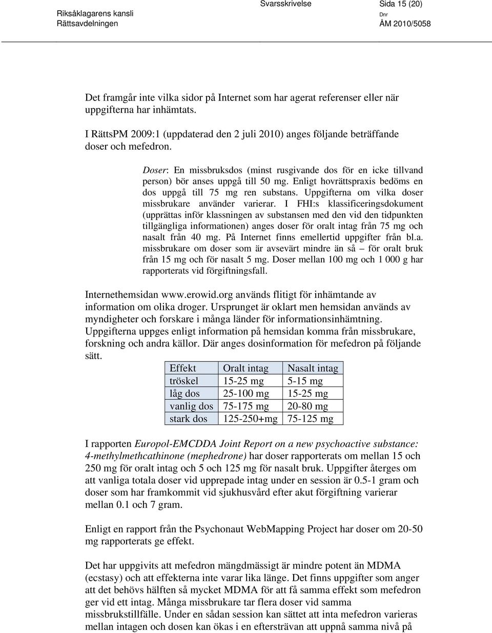 Enligt hovrättspraxis bedöms en dos uppgå till 75 mg ren substans. Uppgifterna om vilka doser missbrukare använder varierar.