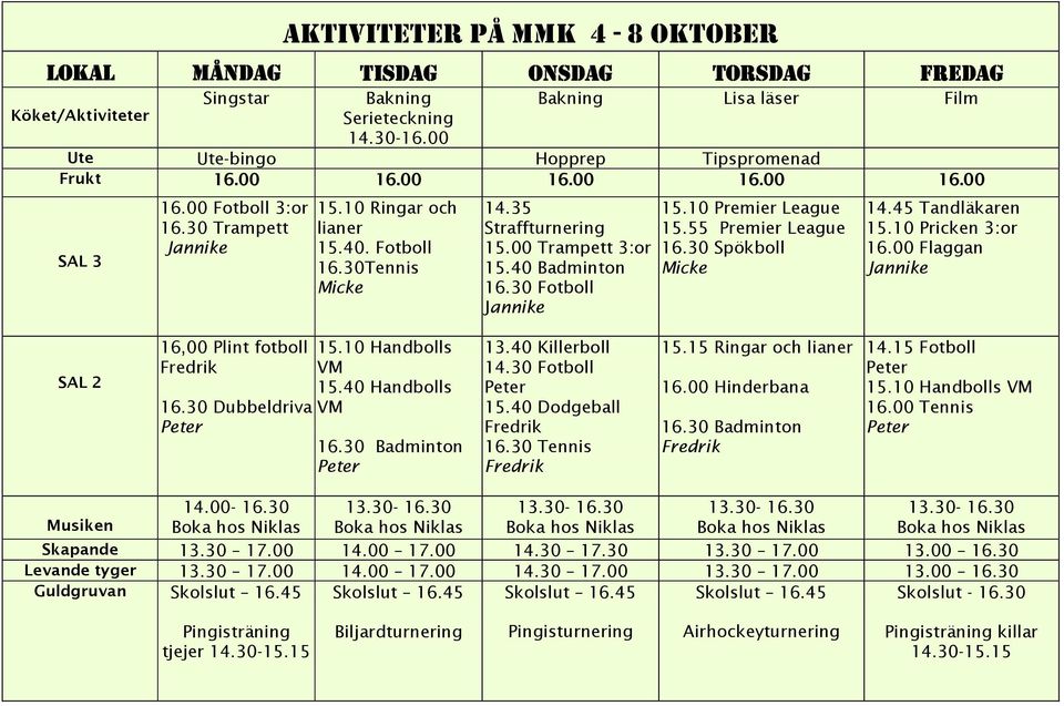 00 Trampett 3:or 15.40 Badminton 16.30 Fotboll 15.10 Premier League 15.55 Premier League 16.30 Spökboll Micke 14.45 Tandläkaren 15.10 Pricken 3:or 16.00 Flaggan SAL 2 16,00 Plint fotboll 16.