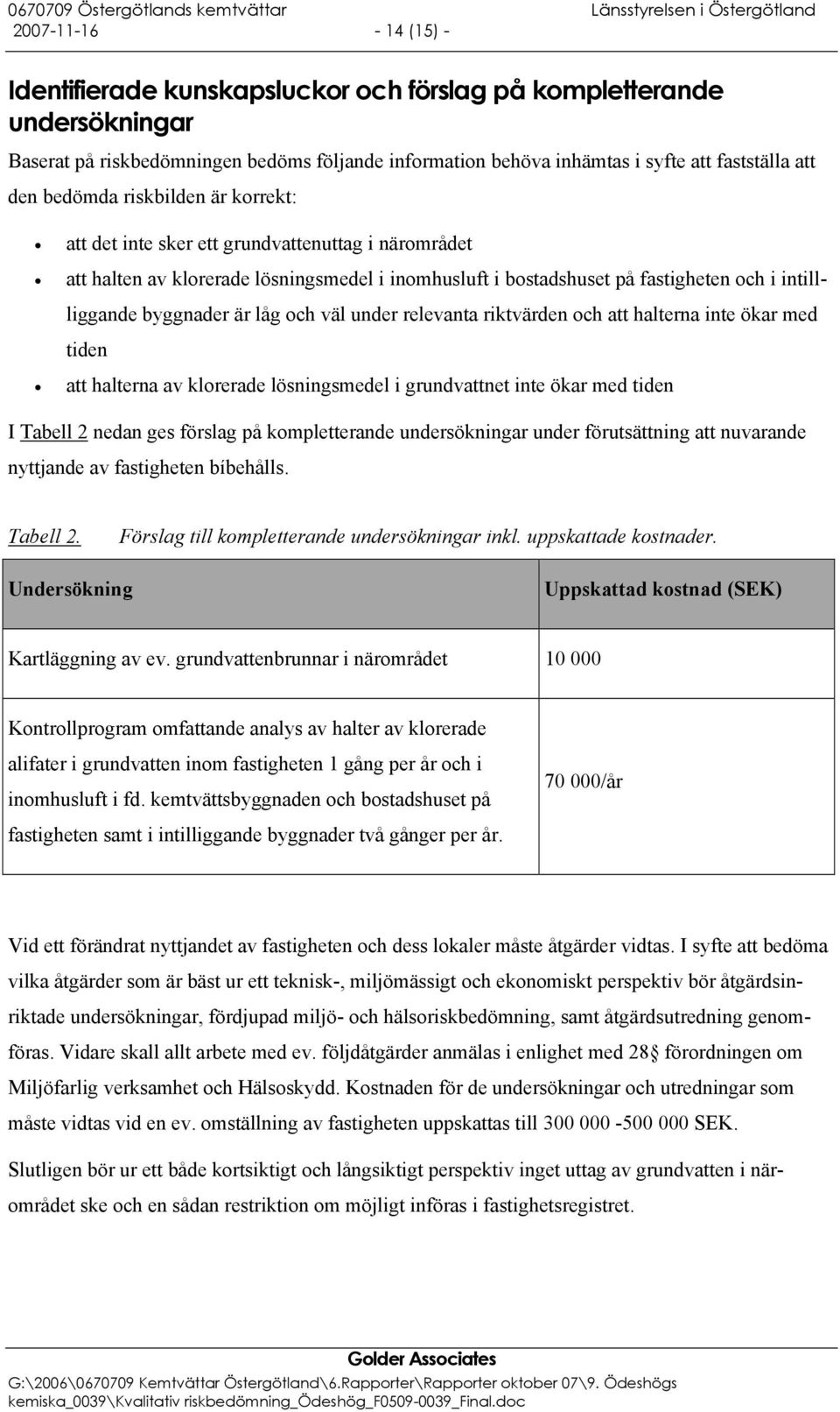 låg och väl under relevanta riktvärden och att halterna inte ökar med tiden att halterna av klorerade lösningsmedel i grundvattnet inte ökar med tiden I Tabell 2 nedan ges förslag på kompletterande