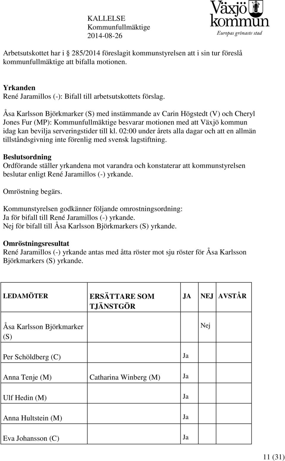 Åsa Karlsson Björkmarker (S) med instämmande av Carin Högstedt (V) och Cheryl Jones Fur (MP): Kommunfullmäktige besvarar motionen med att Växjö kommun idag kan bevilja serveringstider till kl.