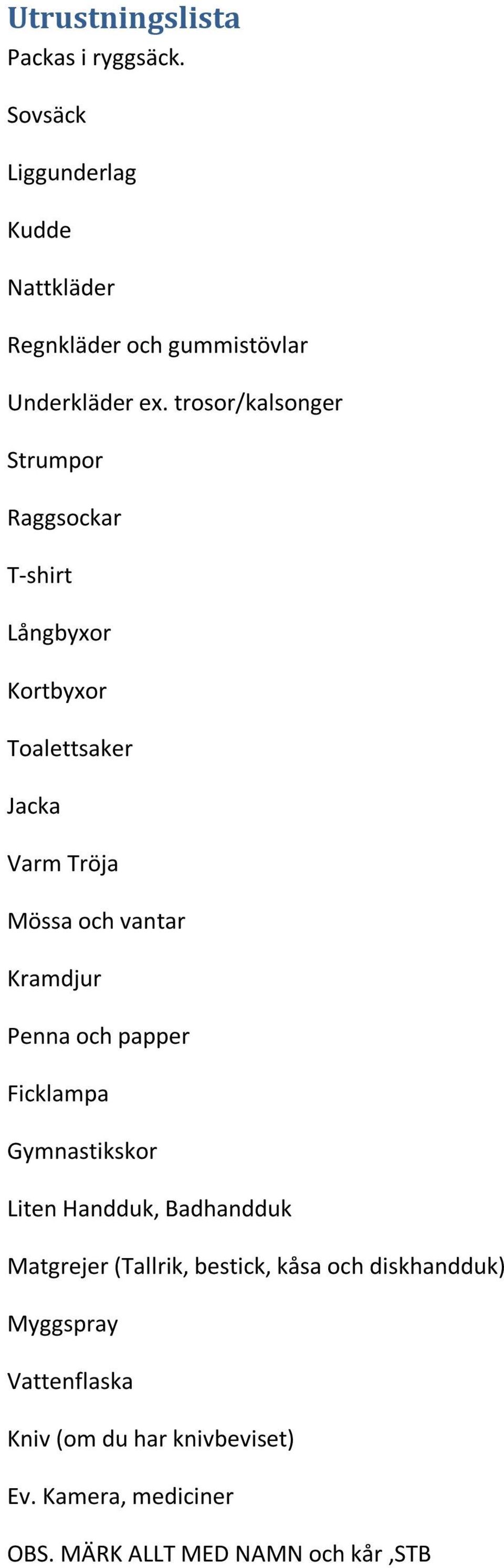 Kramdjur Penna och papper Ficklampa Gymnastikskor Liten Handduk, Badhandduk Matgrejer (Tallrik, bestick, kåsa och