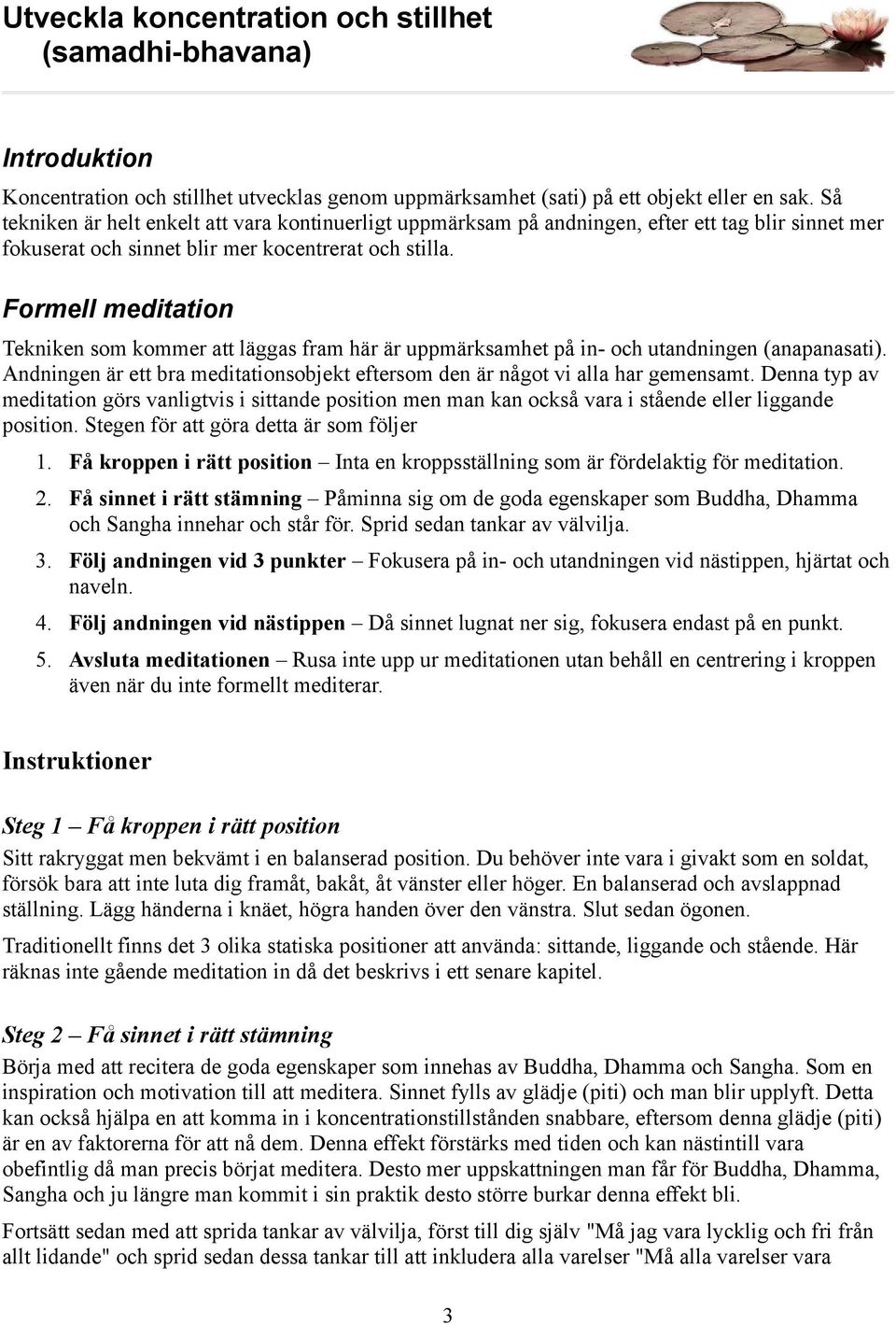 Formell meditation Tekniken som kommer att läggas fram här är uppmärksamhet på in- och utandningen (anapanasati). Andningen är ett bra meditationsobjekt eftersom den är något vi alla har gemensamt.