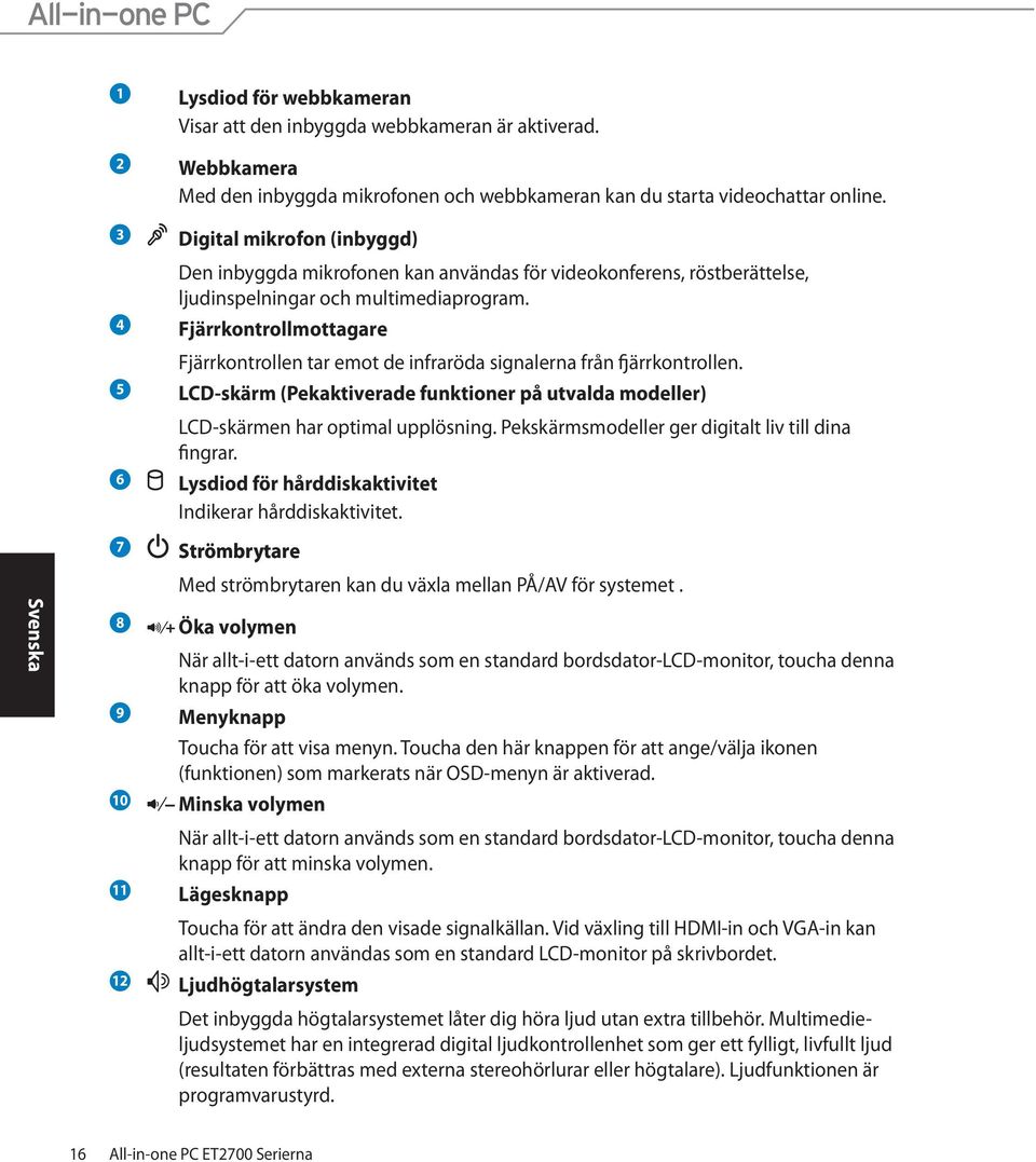 4 Fjärrkontrollmottagare Fjärrkontrollen tar emot de infraröda signalerna från fjärrkontrollen. 5 LCD-skärm (Pekaktiverade funktioner på utvalda modeller) LCD-skärmen har optimal upplösning.