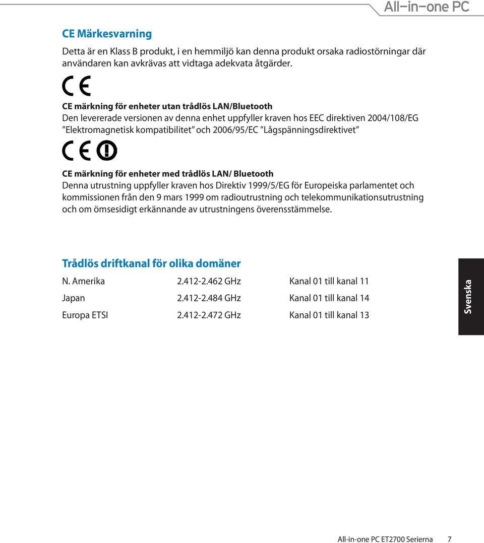 Lågspänningsdirektivet CE märkning för enheter med trådlös LAN/ Bluetooth Denna utrustning uppfyller kraven hos Direktiv 1999/5/EG för Europeiska parlamentet och kommissionen från den 9 mars 1999 om