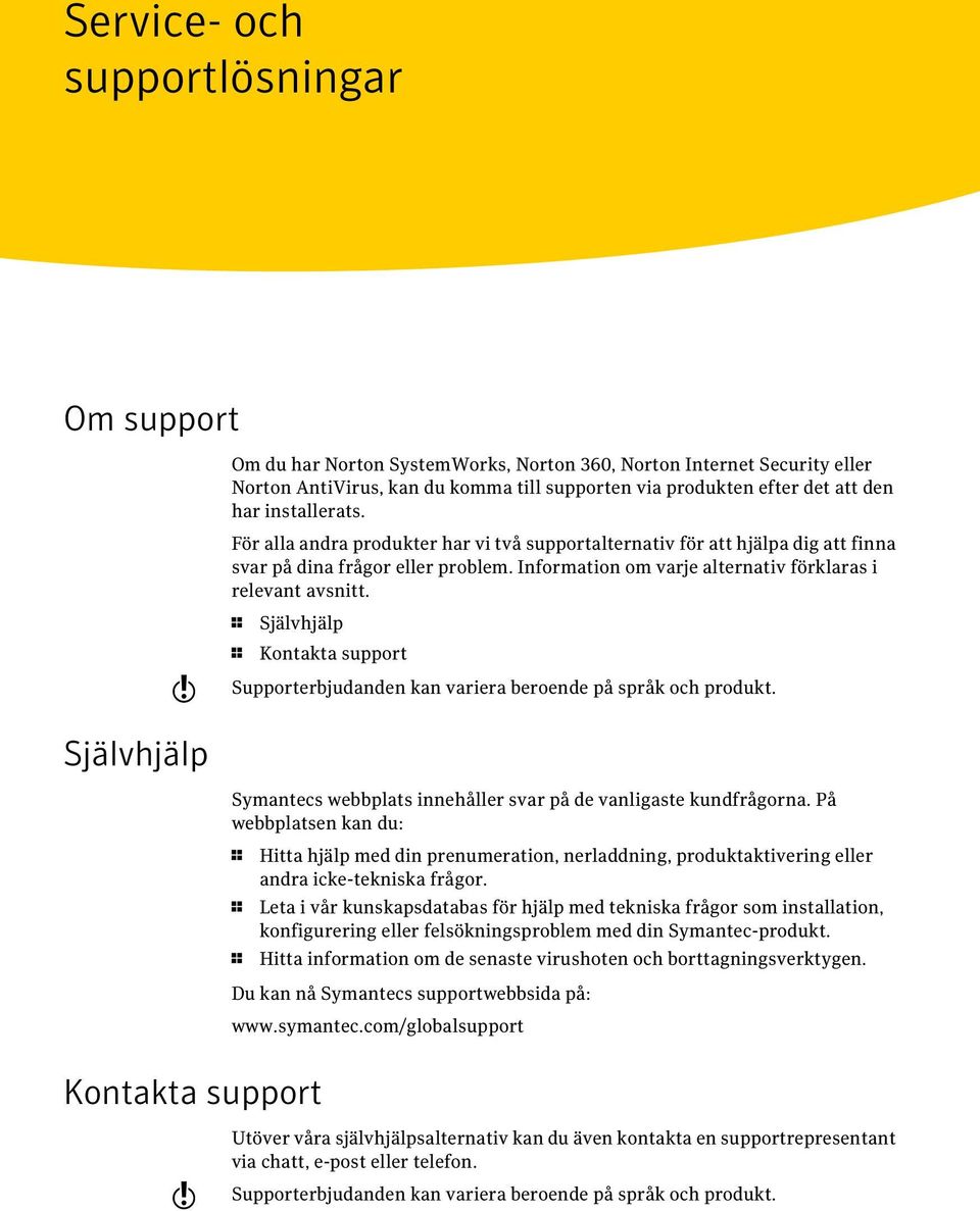 w 1 Självhjälp 1 Kontakta support Supporterbjudanden kan variera beroende på språk och produkt. Självhjälp Symantecs webbplats innehåller svar på de vanligaste kundfrågorna.