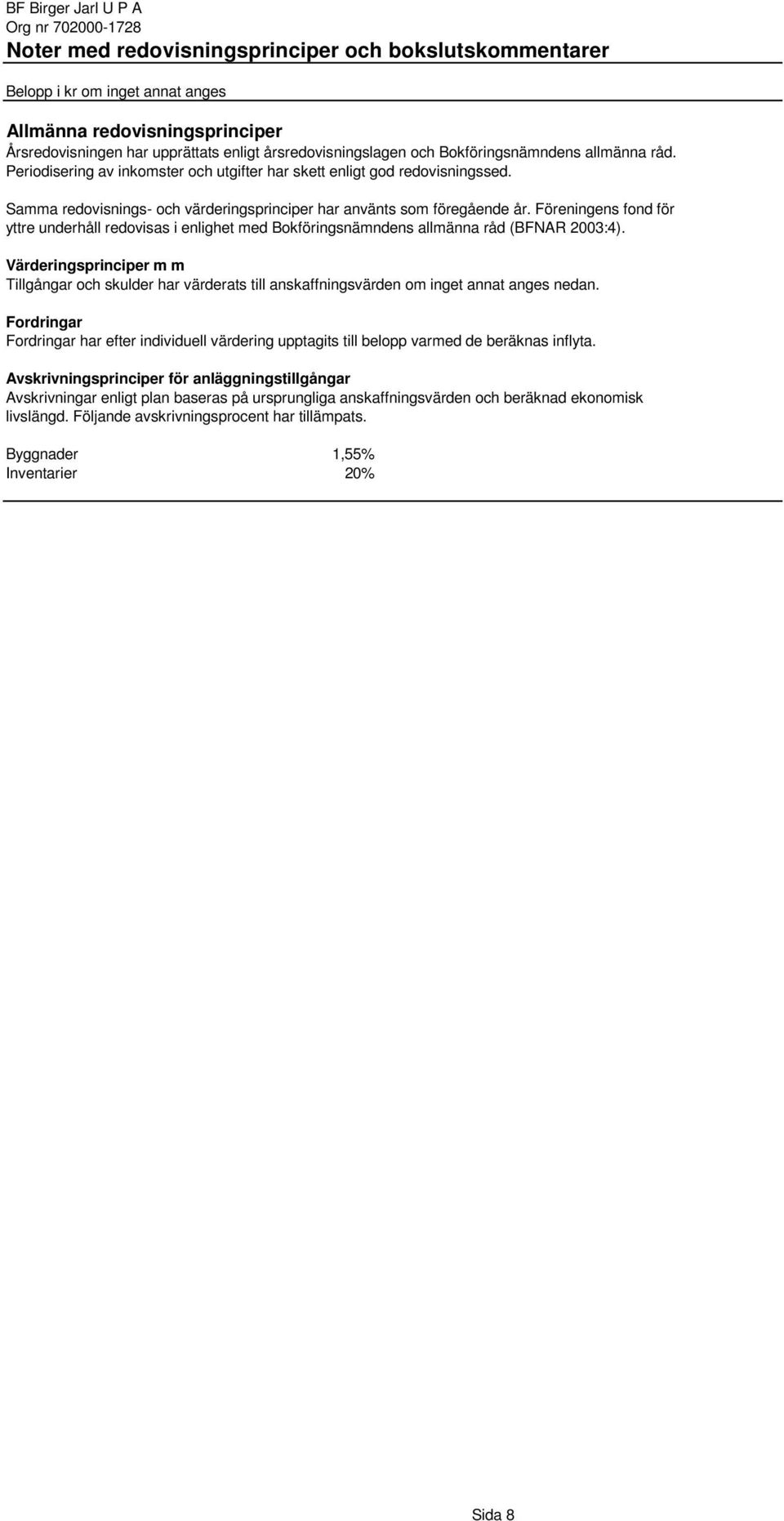 Föreningens fond för yttre underhåll redovisas i enlighet med Bokföringsnämndens allmänna råd (BFNAR 2003:4).