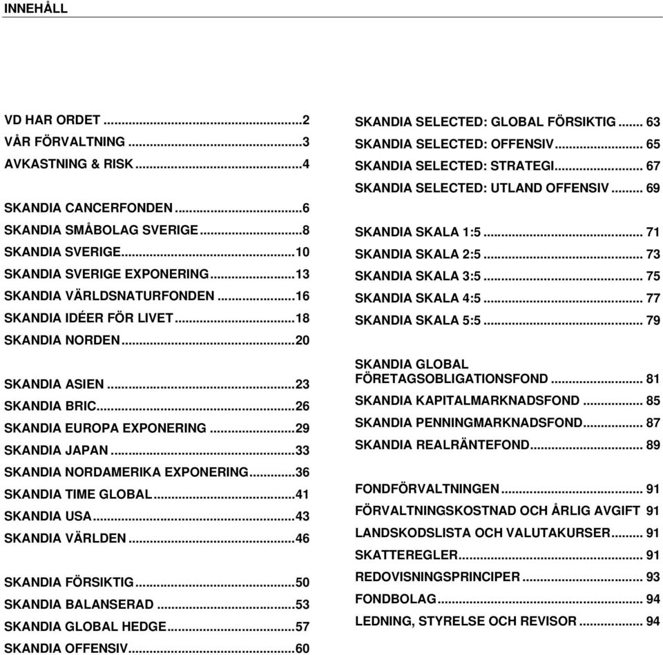 .. 33 SKANDIA NORDAMERIKA EXPONERING... 36 SKANDIA TIME GLOBAL... 41 SKANDIA USA... 43 SKANDIA VÄRLDEN... 46 SKANDIA FÖRSIKTIG... 50 SKANDIA BALANSERAD... 53 SKANDIA GLOBAL HEDGE... 57 SKANDIA OFFENSIV.