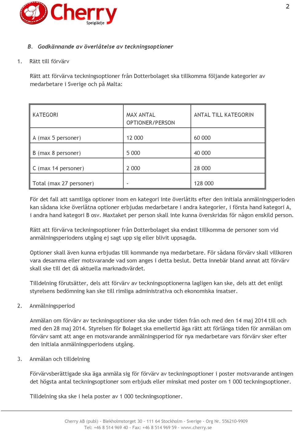 KATEGORIN A (max 5 personer) 12 000 60 000 B (max 8 personer) 5 000 40 000 C (max 14 personer) 2 000 28 000 Total (max 27 personer) - 128 000 För det fall att samtliga optioner inom en kategori inte