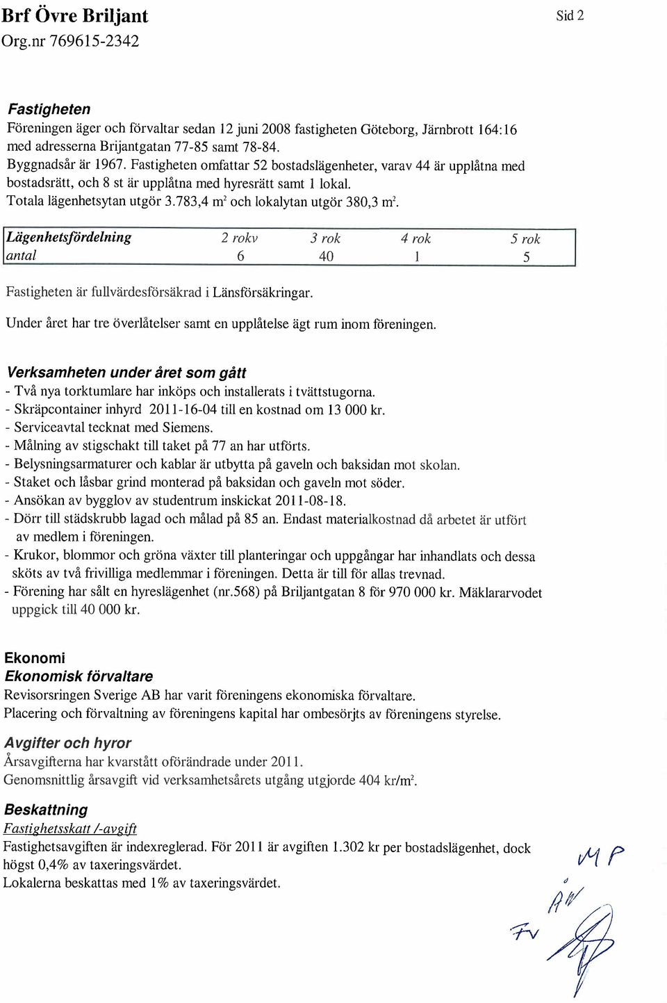 Lägenhetsfördelning antal 2 rokv 6 3 rok 40 4 rok 1 5 rok 5 Fastigheten är fullvärdesförsäkrad i Länsförsäkringar. Under året har tre överlåtelser samt en upplåtelse ägt rum inom fåreningen.