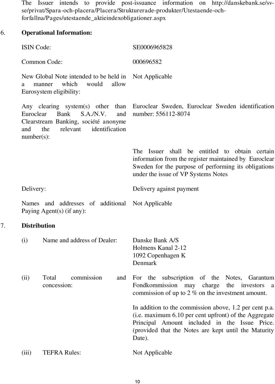 Operational Information: ISIN Code: SE0006965828 Common Code: 000696582 New Global Note intended to be held in a manner which would allow Eurosystem eligibility: Any clearing system(s) other than