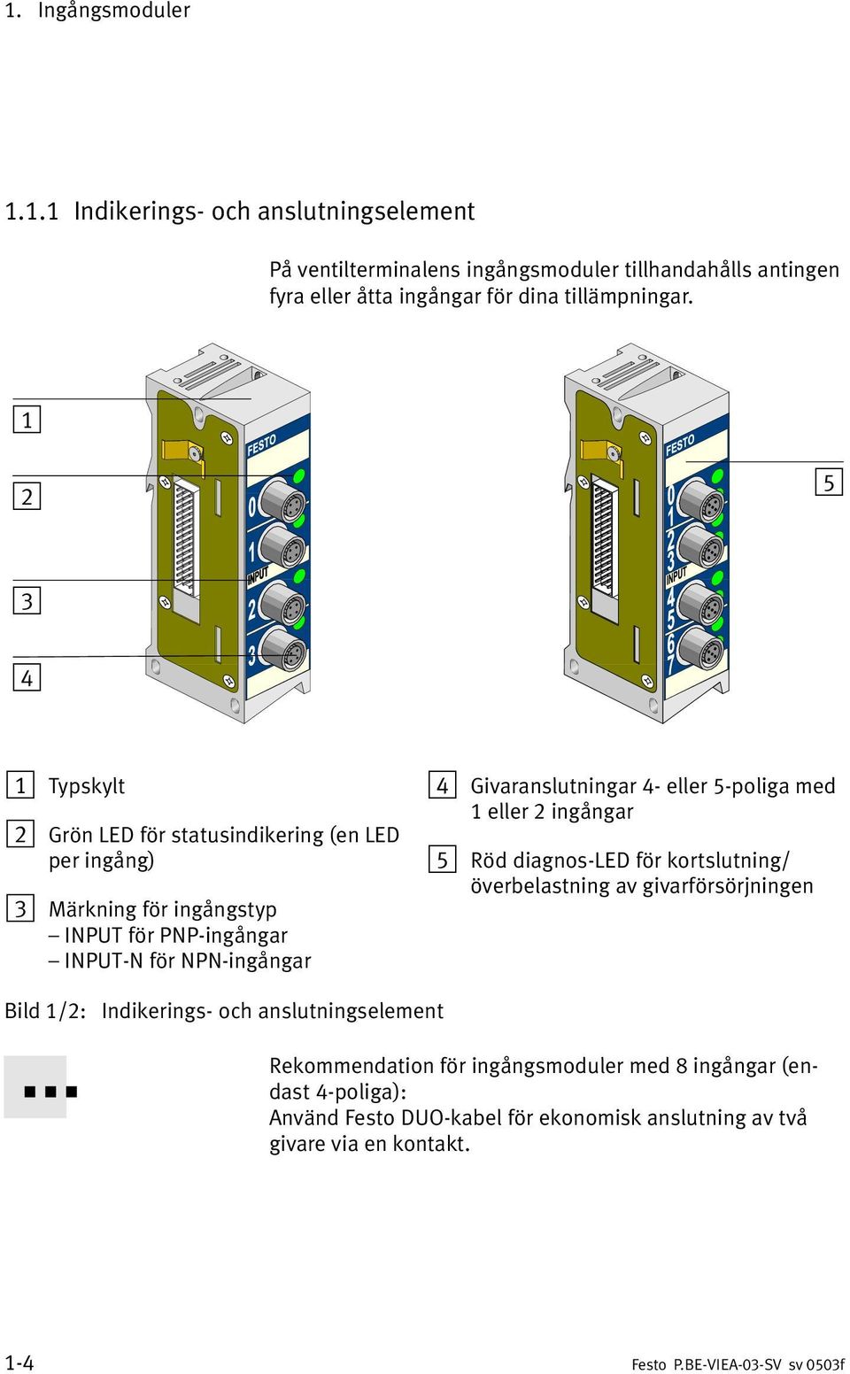 Givaranslutningar 4 eller 5 poliga med 1 eller 2 ingångar 5 Röd diagnos LED för kortslutning/ överbelastning av givarförsörjningen Bild1/2: Indikerings och