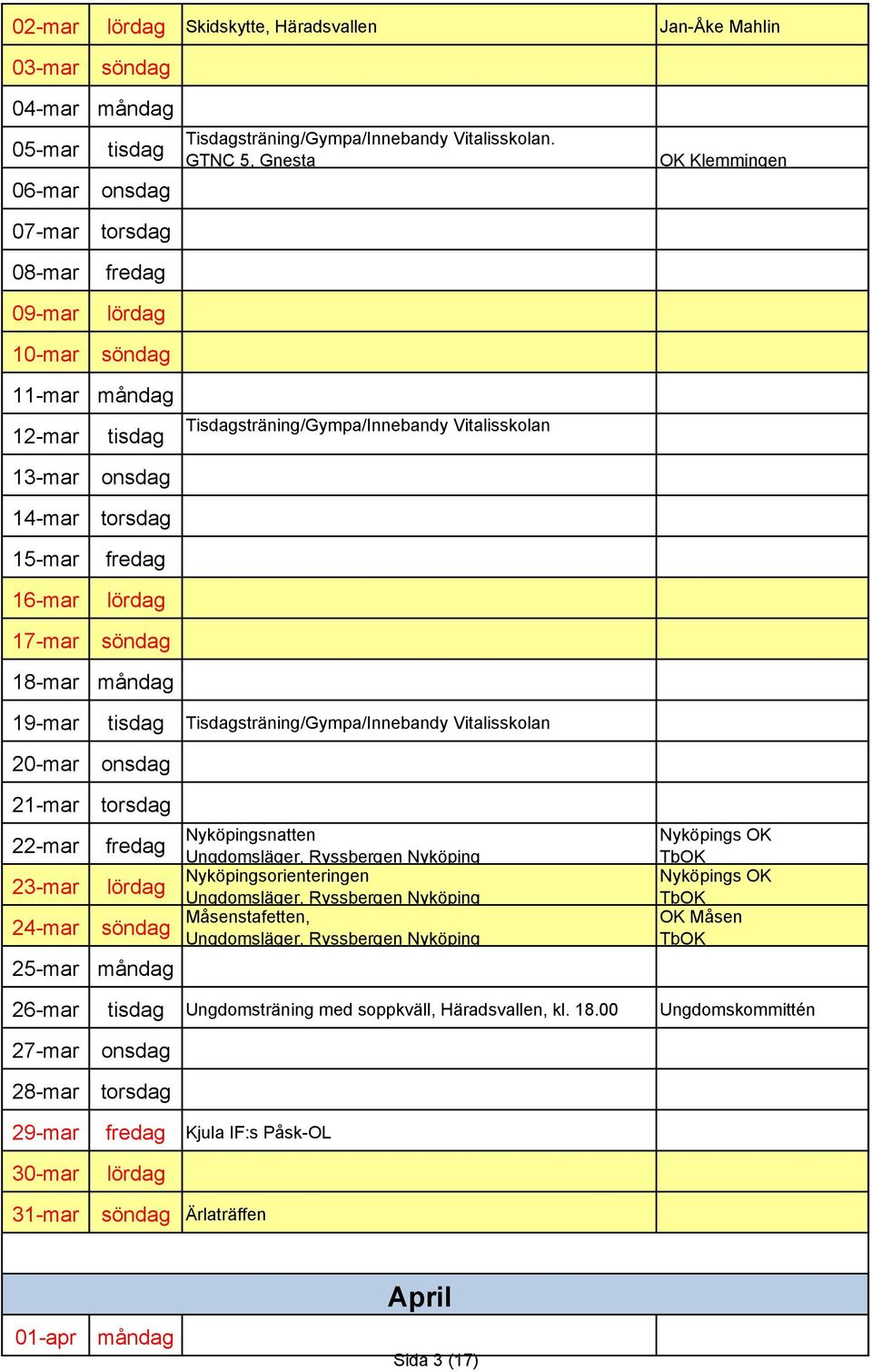 Tisdagsträning/Gympa/Innebandy Vitalisskolan 20-mar 21-mar 22-mar Nyköpingsnatten Ungdomsläger, Ryssbergen Nyköping 23-mar Nyköpingsorienteringen Ungdomsläger, Ryssbergen Nyköping 24-mar 25-mar